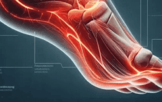 An Xray of a foot, showing tendons, muscles, and bones that can be affected by plantar fasciitis.