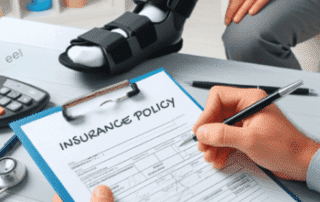 An individual signing an insurance policy form, with another person’s leg in an orthopedic boot visible.