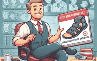 A person in office attire holds a sign featuring an orthotic shoe and the text ‘Step with Confidence, Selecting Superior Orthotics’, promoting confidence in orthotic selection.