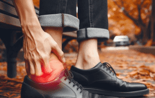 A person experiencing foot discomfort such as Plantar Fasciitis highlighting the need for orthotics. Wearing orthotics in shoes can alleviate such discomfort, providing necessary support and benefits.