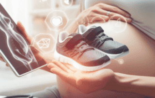A pregnant woman holding orthotic shoes, considering comfort and support during pregnancy, while looking at a foot scan on a digital tablet, suggesting online shopping options.