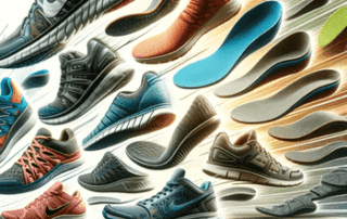 A dynamic display of various sneakers and orthotics in motion, showcasing a diverse range of styles and colors for enhanced comfort.