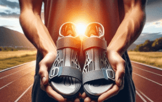 “An energized pair of orthotic running shoes, held in anticipation of a run on a scenic track at sunset.”