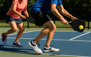 Two pickleball players in motion on an outdoor court, showcasing athletic footwear with orthotic support, emphasizing agility, foot alignment, and joint protection — ideal for illustrating the benefits of orthotics for pickleball players.
