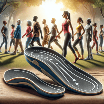 A pair of orthotics designed for support and comfort, foregrounded against a diverse group of people enjoying an active lifestyle outdoors.