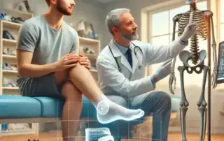 An ultra-realistic, high photo quality image depicting the manufacturing process of custom orthotics in London, Ontario. The image shows different stages of the process, including foot assessments, digital foot scanning, and the final fitting of orthotics. A healthcare professional interacts with a patient in a modern, clean clinic environment with bright, welcoming lighting, highlighting the personalized nature of the service.