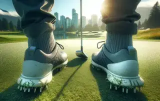 Close-up of a golfer's feet wearing shoes with custom orthotics on a putting green. The golfer is preparing to putt, highlighting enhanced golf performance.