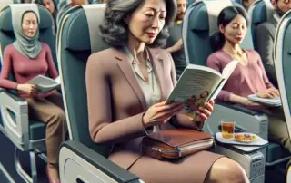 Passengers seated on an airplane, with a focus on a woman reading a book while wearing compression stockings, highlighting the importance of preventing deep vein thrombosis (DVT) for frequent flyers traveling to and from London, Ontario.