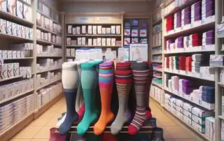 A colorful display of compression socks in a well-lit store. Shelves are lined with various sizes and designs, showcasing options for reducing swelling with compression stockings. This scene is reminiscent of a specialty shop in London, Ontario, catering to those seeking relief and style.