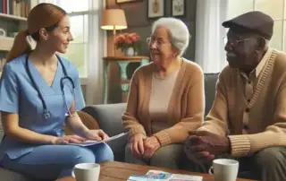 A healthcare professional discusses compression stockings with an elderly couple in a cozy living room. Pamphlets on the table highlight the benefits of reducing swelling with compression stockings. This interaction takes place in London, Ontario, promoting leg health, circulation health, and overall well-being.