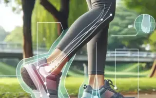A person walking in a park wearing orthotic shoes designed to correct problems such as plantar fasciitis or uneven legs. The image includes a digital overlay illustrating the biomechanics of the foot and leg, highlighting areas of support and correction. The background shows a scenic outdoor area with trees and a pathway, suggesting a location like London, Ontario.