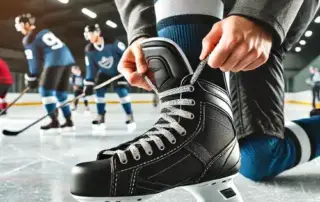 A hockey player lacing up skates with visible custom orthotics on an ice rink, emphasizing the importance of hockey performance orthotics in improving stability and preventing injuries.