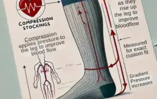 An illustration of compression socks showing how they apply pressure to the leg to improve blood flow, loosen as they rise up the leg, and are measured for an exact custom fit with gradient pressure.