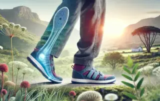 A person walking outdoors with a visual overlay of a foot's skeletal structure and a custom orthotic insert shown inside the shoe. The orthotic provides arch and heel support, symbolizing its role in enhancing foot comfort and alignment during movement. The background features a scenic outdoor setting, reinforcing the connection between mobility and proper orthotic support.