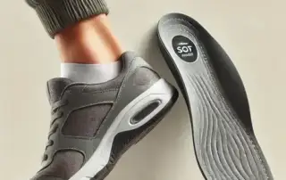 Image of a high-quality orthopedic arch support insole placed beside a pair of casual shoes, showcasing the importance of proper foot support. This visual emphasizes the benefits of orthotics in London, Ontario, for improved comfort and posture.