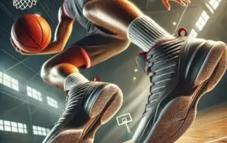 A diverse basketball player in mid-jump on an indoor court, captured from a low angle that highlights the soles of their high-performance shoes. The image subtly suggests the presence of custom orthotics for athletes inside the shoes, emphasizing the importance of proper foot support for enhanced performance and injury prevention. The well-lit background adds to the dynamic and energetic atmosphere of the sport.