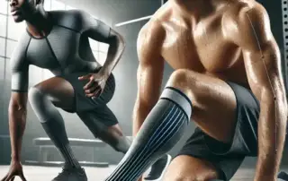 Two athletes, one male and one female from diverse backgrounds, working out intensely in a gym while wearing compression socks. The image emphasizes the benefits of buying compression socks in London, Ontario, for athletic support and performance.