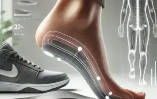 A relaxed foot standing on an ergonomic orthotic arch support insert, designed for pain relief and comfort. Walking shoes are nearby, suggesting daily use of orthotic arch supports for improved foot alignment and pain-free steps.