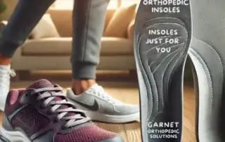 Custom orthotic insoles next to athletic shoes, showcasing arch support and ergonomic design for enhanced comfort and mobility, demonstrating 'What Do Custom Orthotics Do' to improve foot health and alleviate pain.