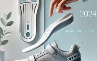 A sleek, modern orthotic insert being placed into a stylish sneaker, with the title "2024’s Top Secrets: How to Choose the Right Orthotics Fast" displayed in bold text at the top. The image has a minimalistic background with soft shades of white and light blue, emphasizing a professional and inviting design.