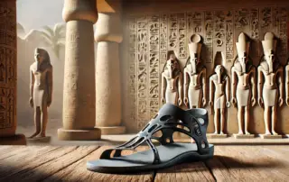 A sleek, modern 3D-printed custom orthotic placed on a wooden table with ancient Egyptian hieroglyphics in the background. The image symbolizes the evolution and history of orthotics, blending advanced technology with ancient innovations, showcasing the progression from historical foot support methods to cutting-edge orthotic solutions. Natural light casts soft shadows, emphasizing the contrast between the ancient and modern elements.