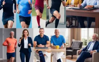 "Collage showcasing individuals benefiting from improved circulation with compression socks. Includes runners in motion, professionals at work, and relaxed individuals in various settings, all wearing stylish and functional compression socks designed for better circulation and comfort.