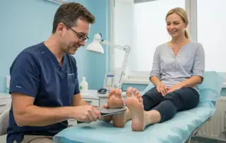 A healthcare professional fitting a patient with custom orthotics for arch support in a clinical setting.