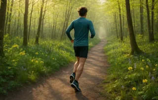 Runner enjoying pain free running in the spring on a scenic forest trail in London Ontario, surrounded by blooming flowers and soft morning light.