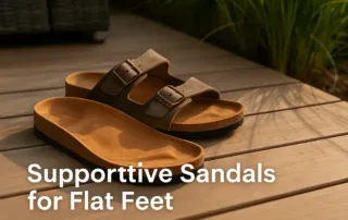 A high-resolution photo of supportive women’s sandals on a sunlit boardwalk in summer, designed for flat feet with contoured footbeds and stylish straps.