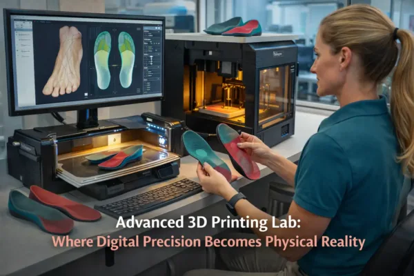 **Alt Text:**
Modern orthopedic manufacturing lab where a pedorthist reviews a digital foot scan on a computer while a 3D printer produces custom orthotic insoles. The workstation shows biomechanical foot mapping and pressure distribution graphics, while finished precision-printed orthotics are displayed nearby. The environment features advanced clinical equipment, clean white and blue tones, and specialized fabrication tools, illustrating how digital foot measurements are translated into precisely manufactured custom orthotics.