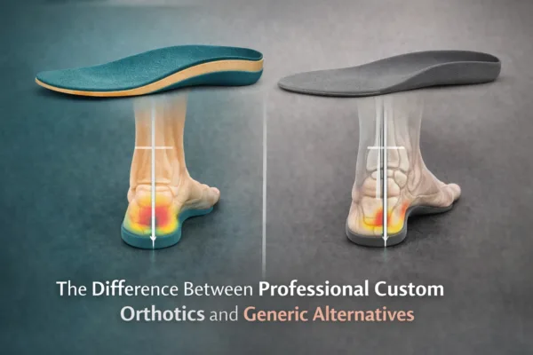 Side-by-side comparison image showing a professional custom orthotic insert and a generic store-bought shoe insert. The custom orthotic displays structured arch support, precision contours, and reinforced materials, while the generic insert appears flat and mass-produced. An anatomical overlay of a foot highlights pressure distribution differences, showing balanced load across the custom orthotic and concentrated pressure points on the generic insert.
