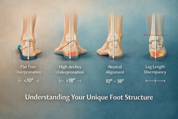 Medical illustration comparing four biomechanical foot structures: flat feet with overpronation, high arches with underpronation, neutral foot alignment, and leg length discrepancy. Each foot is shown with anatomical bone overlays, alignment reference lines, and pressure distribution highlights to demonstrate how different structures affect gait mechanics and load distribution.