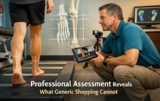Certified pedorthist performing gait analysis as a patient walks on a treadmill in a modern clinical assessment room. The specialist observes the patient’s foot mechanics while reviewing motion data on a tablet, with digital pressure maps and anatomical diagrams of foot bones and alignment visible in the background. The image illustrates how professional biomechanical assessment identifies foot alignment issues, pressure distribution, and gait abnormalities that generic shoe inserts cannot address. The clinical environment uses teal and warm amber tones, reinforcing a professional healthcare setting focused on expert evaluation and custom orthotic solutions.