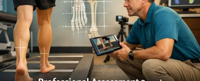 Certified pedorthist performing gait analysis as a patient walks on a treadmill in a modern clinical assessment room. The specialist observes the patient’s foot mechanics while reviewing motion data on a tablet, with digital pressure maps and anatomical diagrams of foot bones and alignment visible in the background. The image illustrates how professional biomechanical assessment identifies foot alignment issues, pressure distribution, and gait abnormalities that generic shoe inserts cannot address. The clinical environment uses teal and warm amber tones, reinforcing a professional healthcare setting focused on expert evaluation and custom orthotic solutions.